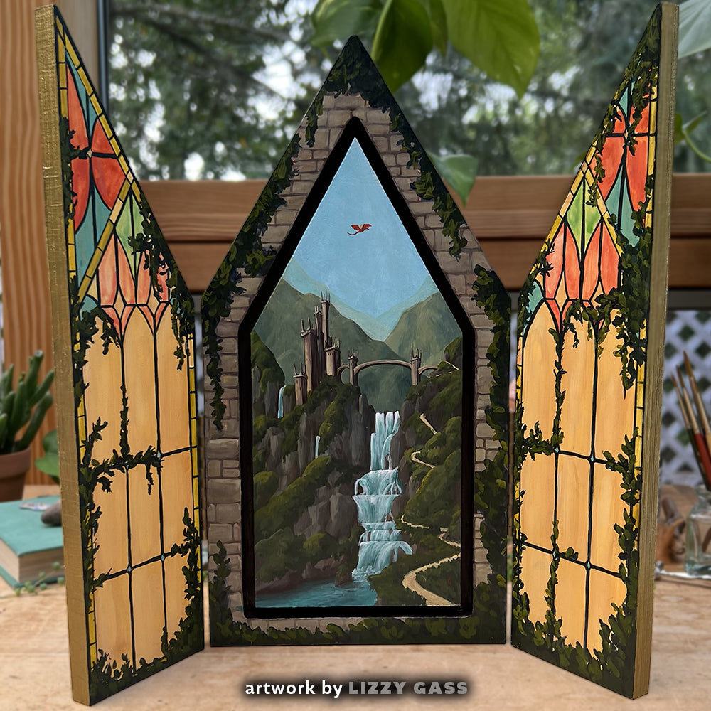 Open Gothic Gable altar panel painted with stained-glass windows framing a landscape and waterfall.