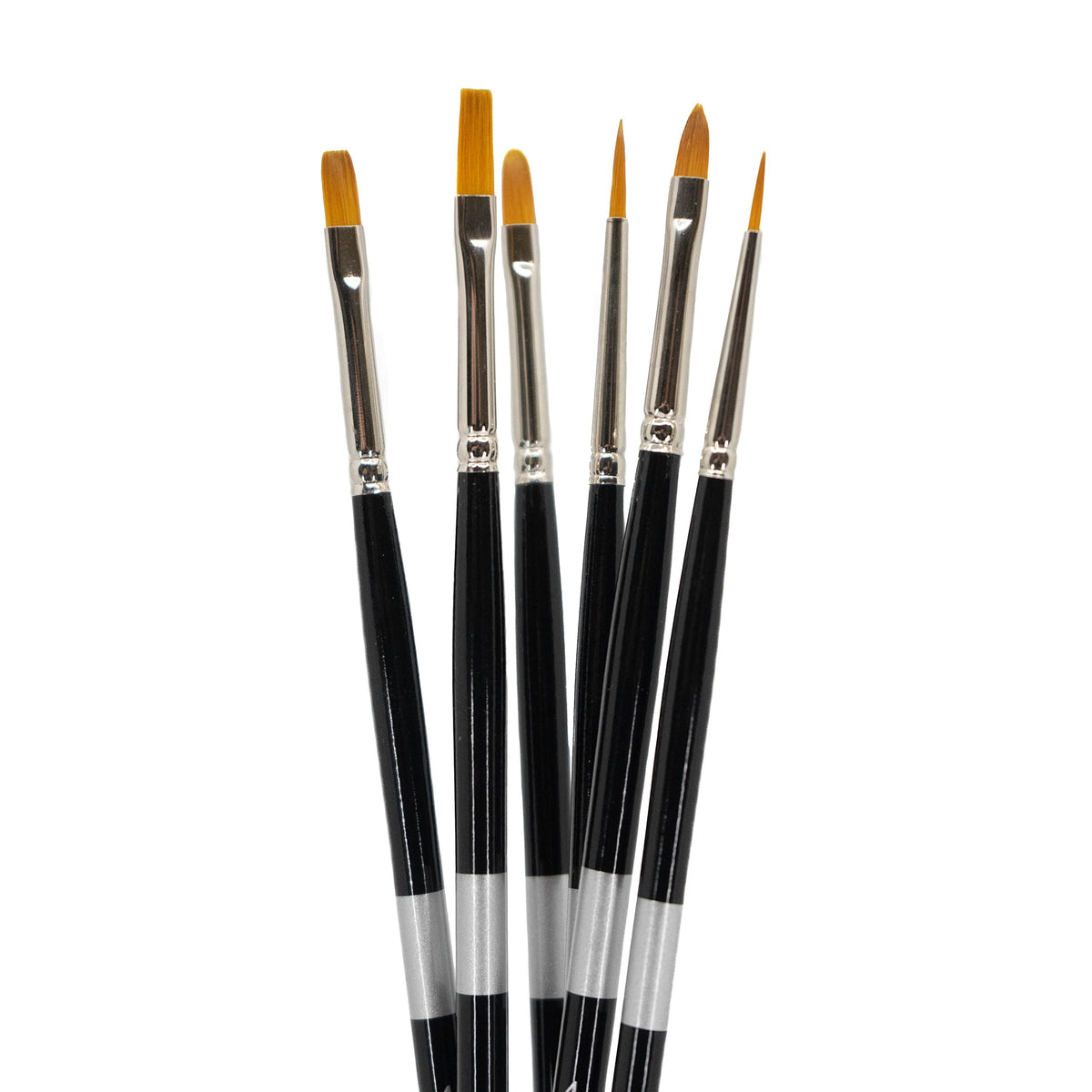 Six black-handled brushes fanned upright with flat, angled and pointed golden tips.