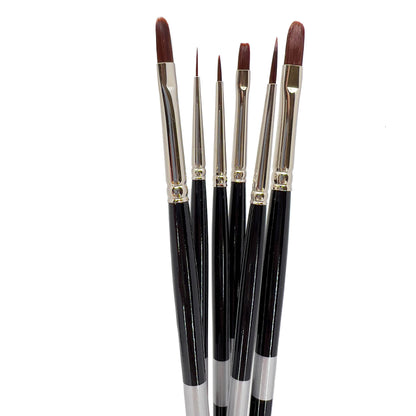 Black-handled brush set fanned upright, showing fine pointed tips and larger rounded bristles.