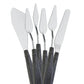 Five silver palette knives with black handles and assorted pointed, oval and angular blades.