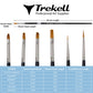 Brush dimension chart for six shapes, with width, bristle-length and overall-length measurements.