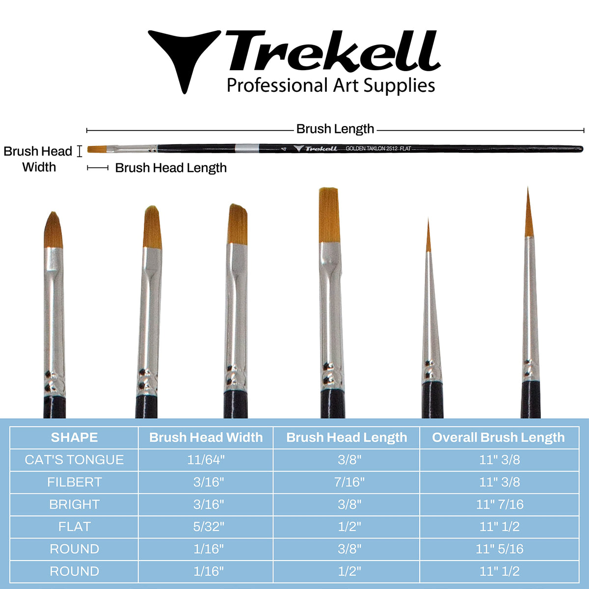Brush dimension chart for six shapes, with width, bristle-length and overall-length measurements.
