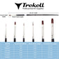 Brush dimension chart showing five burgundy-handled brushes and width, bristle-length and overall-length measurements.