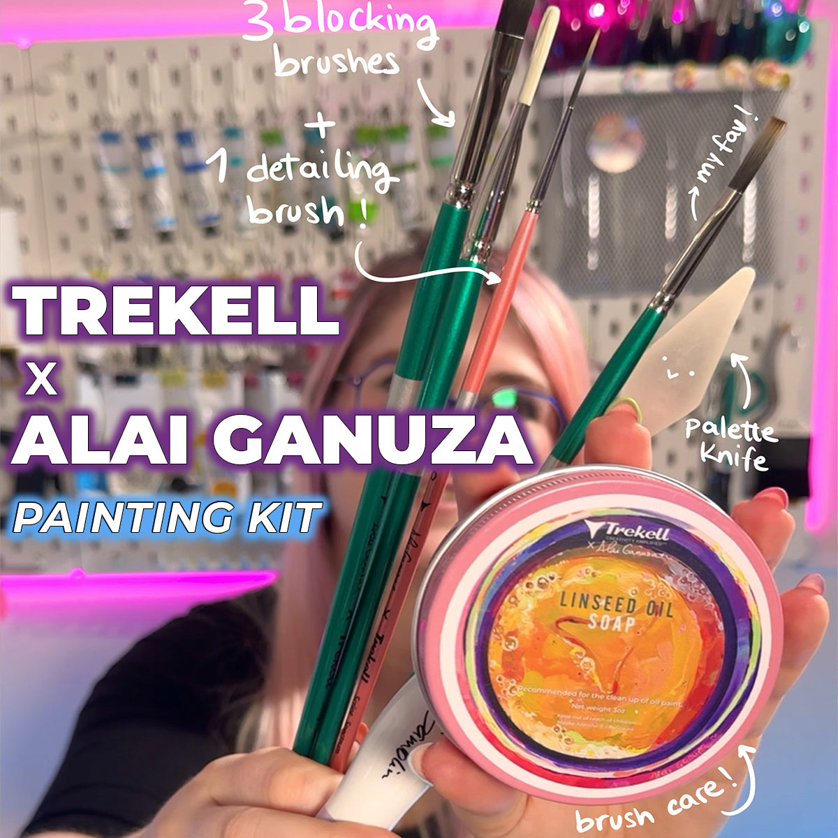 Alai Ganuza holding up her brush set.
