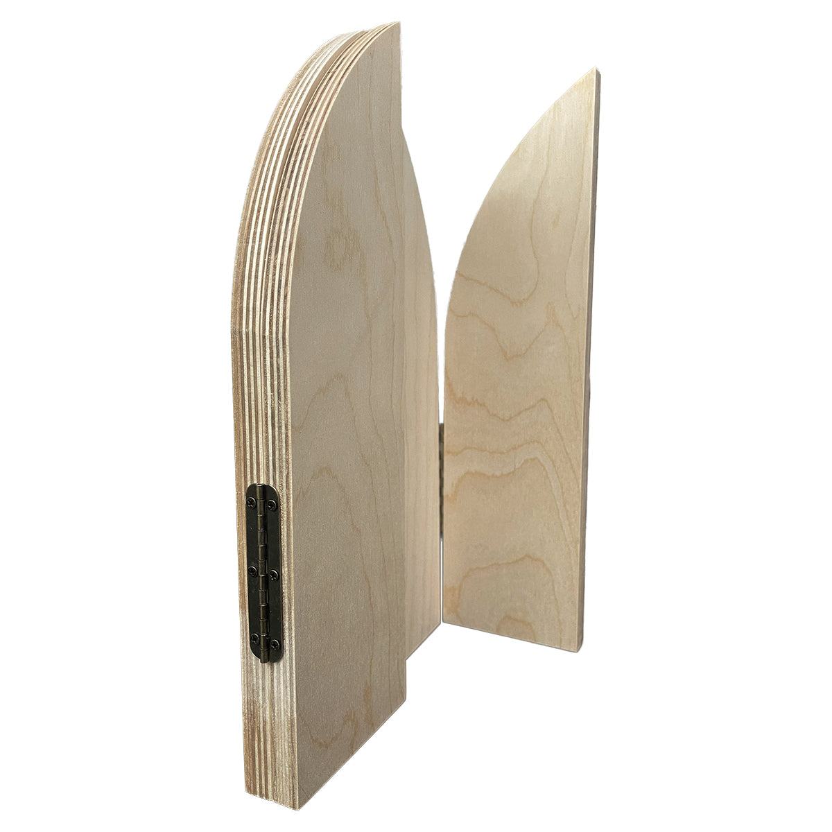 Gothic Arch altar panel side view showing layered wood and a hinged door.