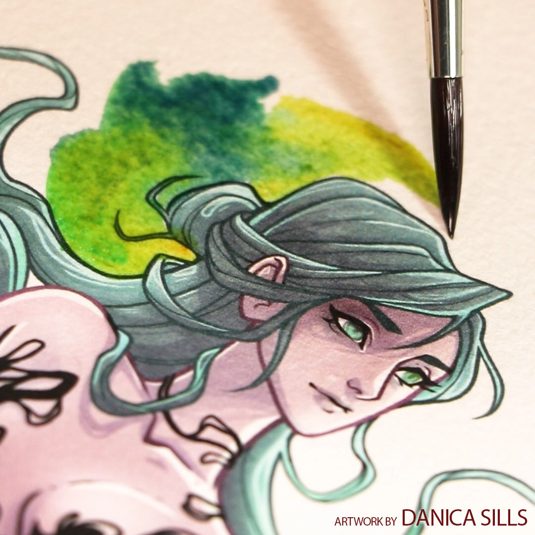 Close-up of a green-haired illustrated woman beside a pointed brush and green watercolor wash.