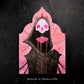 Pink skull above a black cloaked figure on a pink Gothic Cathedral altar panel, credited to Danica Sills.