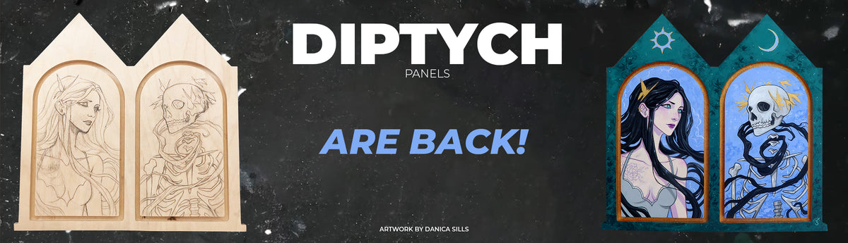 Promotional banner for Diptych Panels, showing two unfinished wooden panel art pieces on the left and two finished illustrated panels on the right, with the text 'DIPTYCH PANELS ARE BACK!' on a dark textured background.