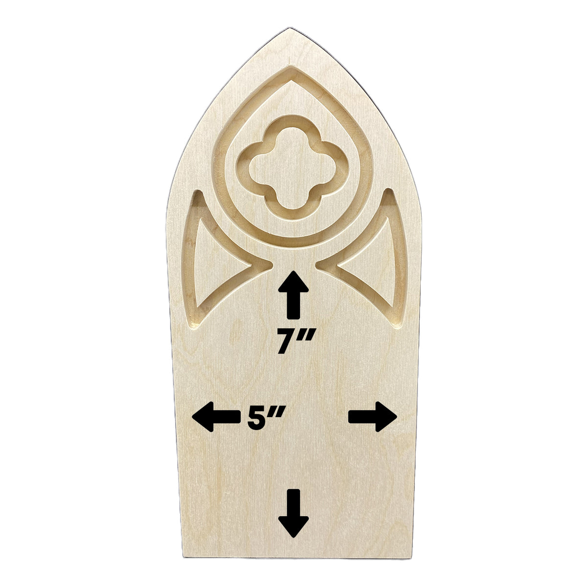 Gothic Cathedral panel diagram labeling the lower area 7 inches high and 5 inches wide beneath the carved quatrefoil.