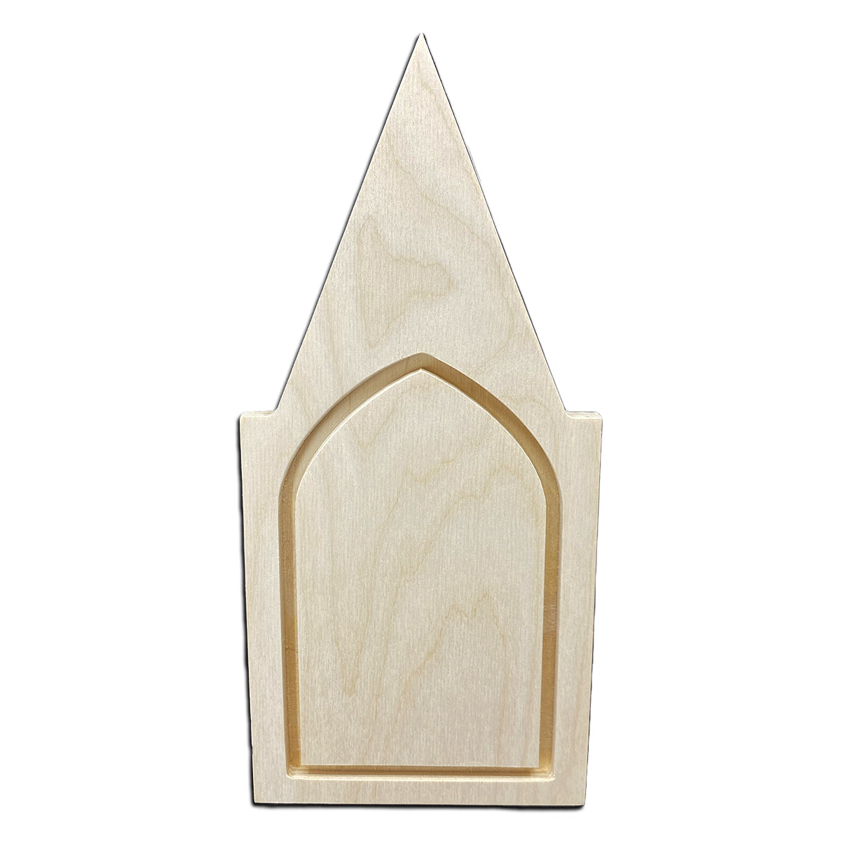 Gothic Chapel floater panel, unpainted front with a tall triangular spire above an inset arch.