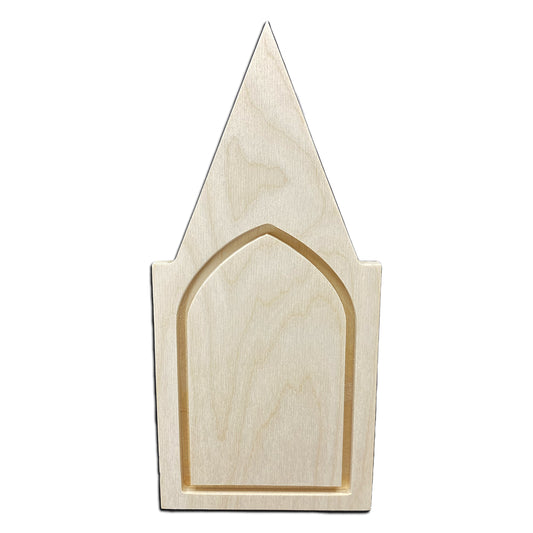 Gothic Chapel floater panel, unpainted front with a tall triangular spire above an inset arch.