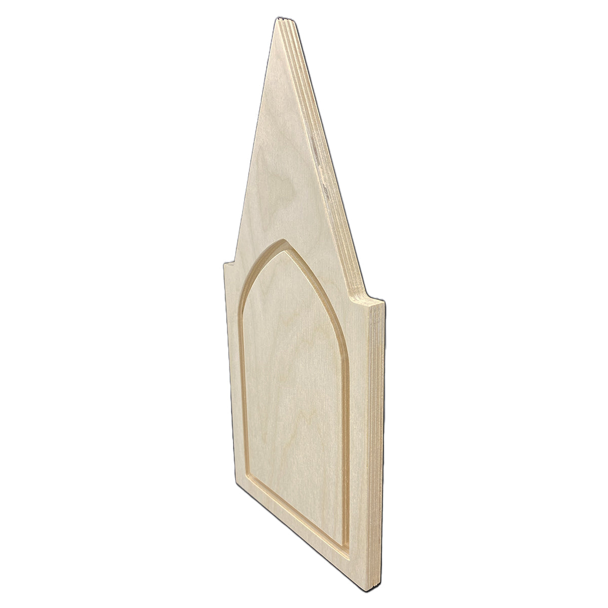 Gothic Chapel floater panel at an angle, showing its layered wooden edge.
