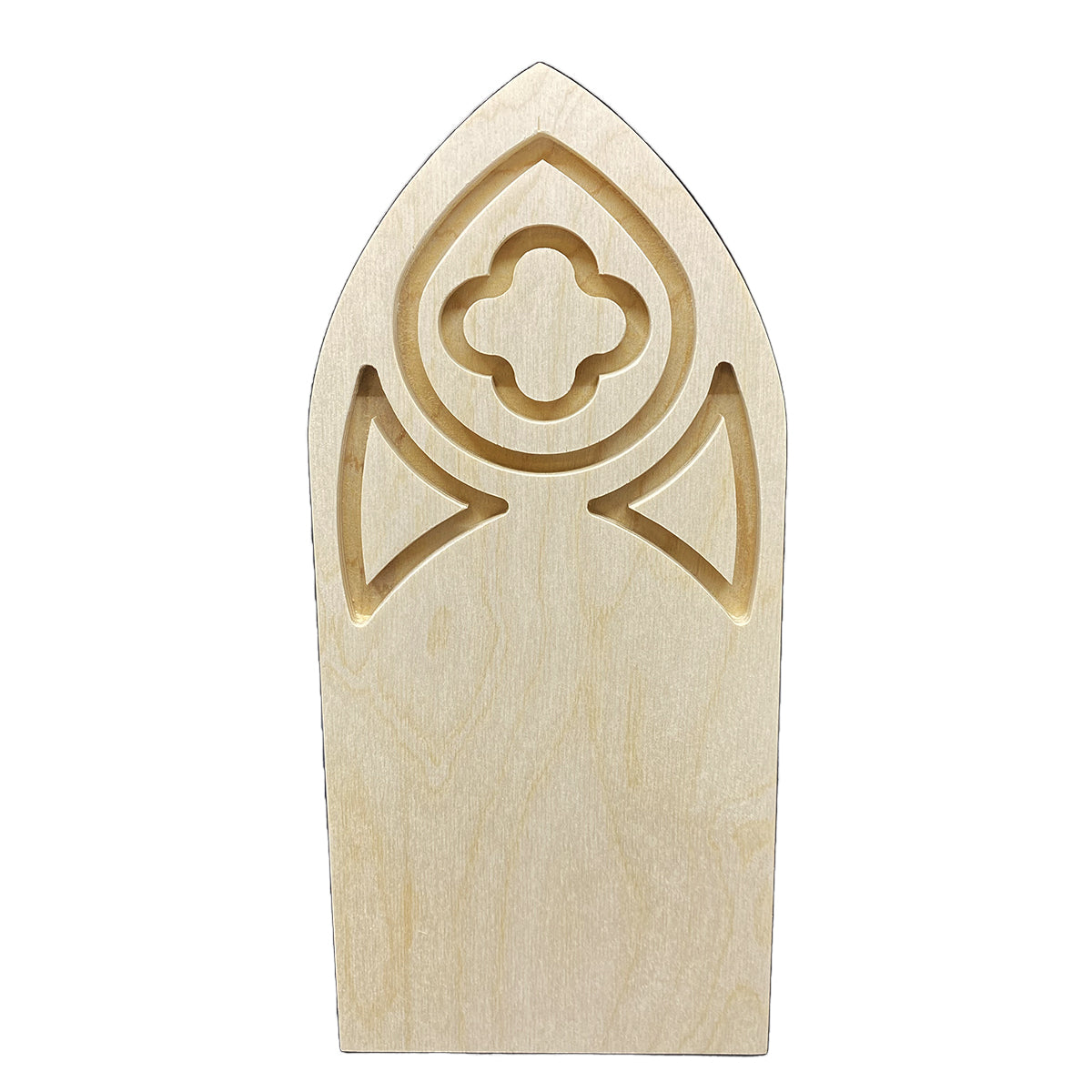 Gothic Cathedral panel, bare wood with a recessed quatrefoil above two pointed decorative shapes.