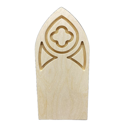 Gothic Cathedral panel, bare wood with a recessed quatrefoil above two pointed decorative shapes.