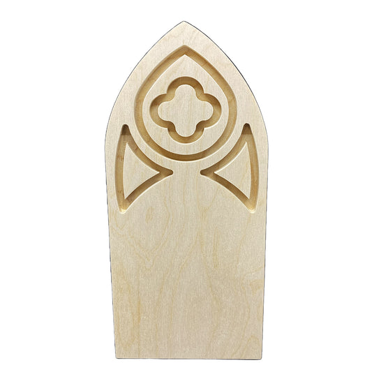 Gothic Cathedral panel, bare wood with a recessed quatrefoil above two pointed decorative shapes.