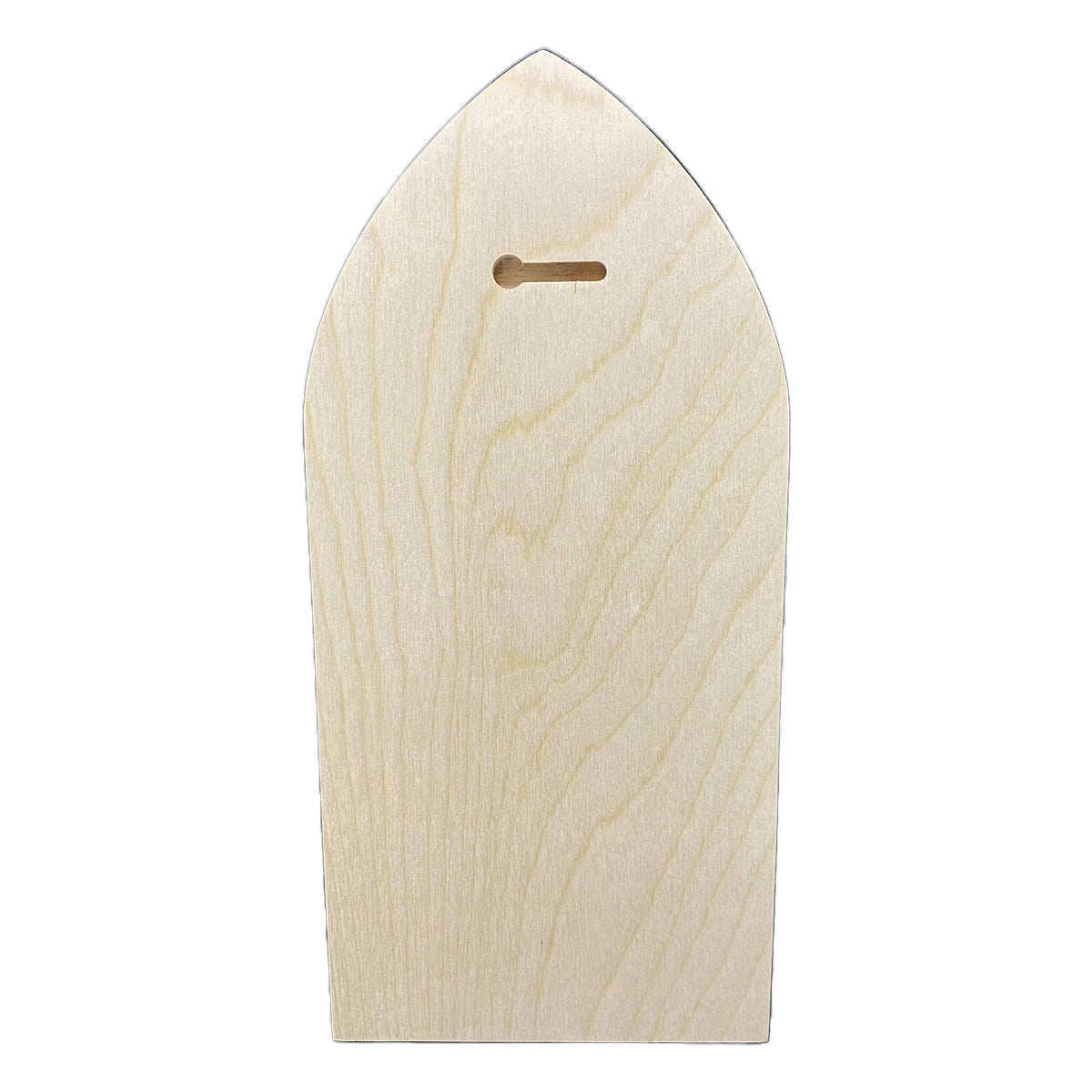 Back of a pale wood Trekell Gothic Vienna Floater Panel, with a pointed arch top and a horizontal keyhole hanging slot.