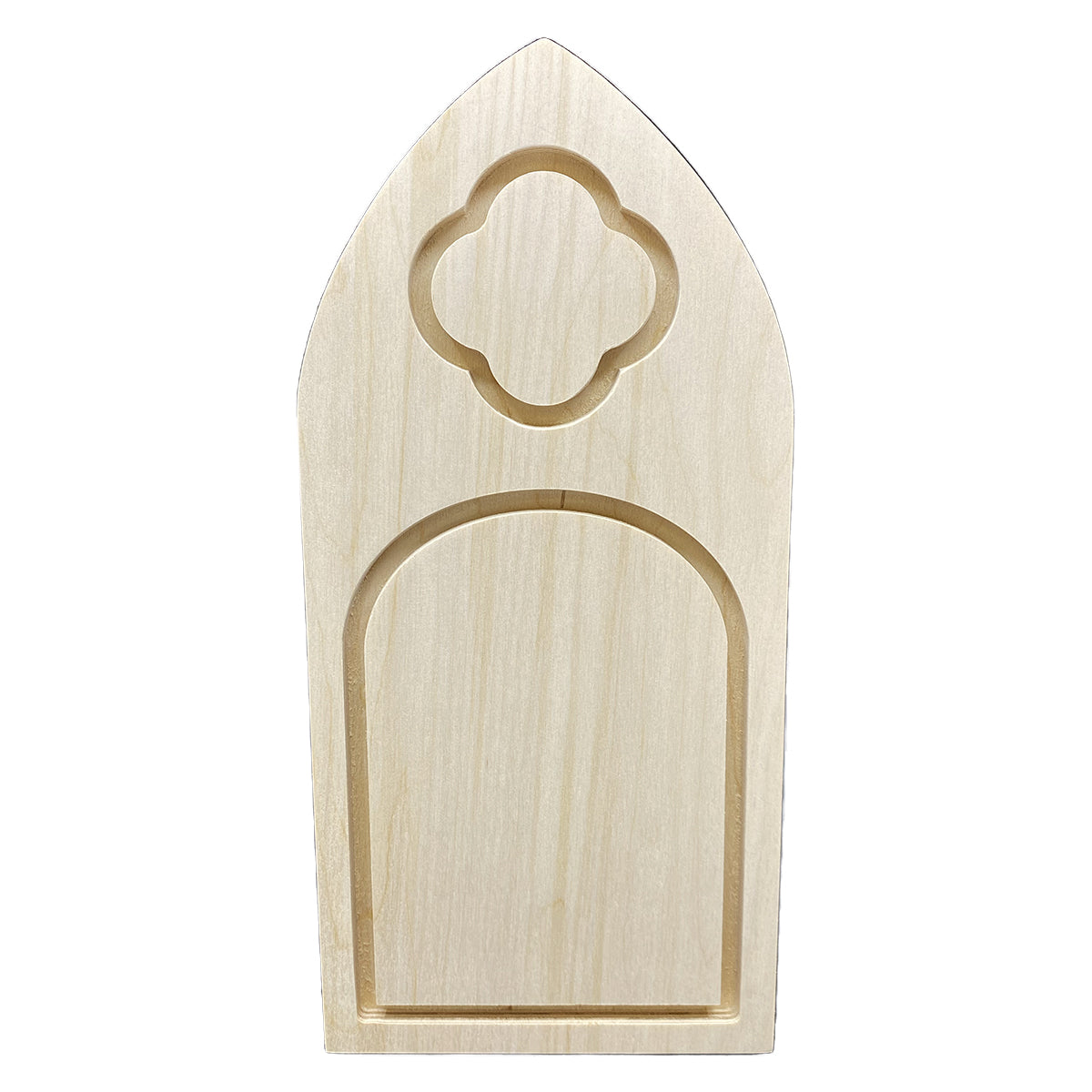 Trekell Gothic Vienna Floater Panel in pale wood, with a four-lobed upper painting surface above a larger round-topped arch.