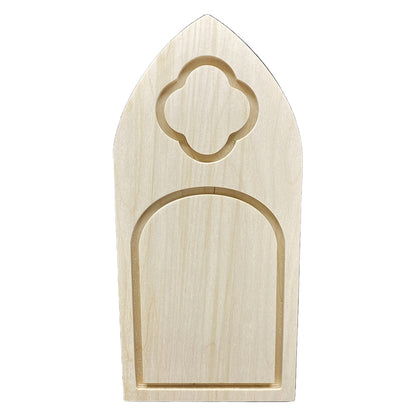 Trekell Gothic Vienna Floater Panel in pale wood, with a four-lobed upper painting surface above a larger round-topped arch.