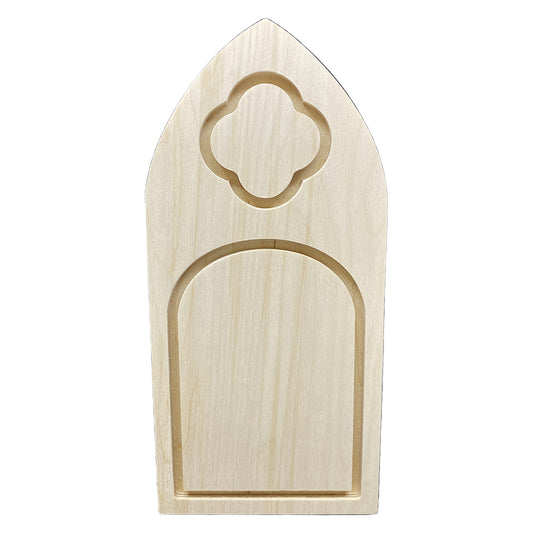 Trekell Gothic Vienna Floater Panel in pale wood, with a four-lobed upper painting surface above a larger round-topped arch.
