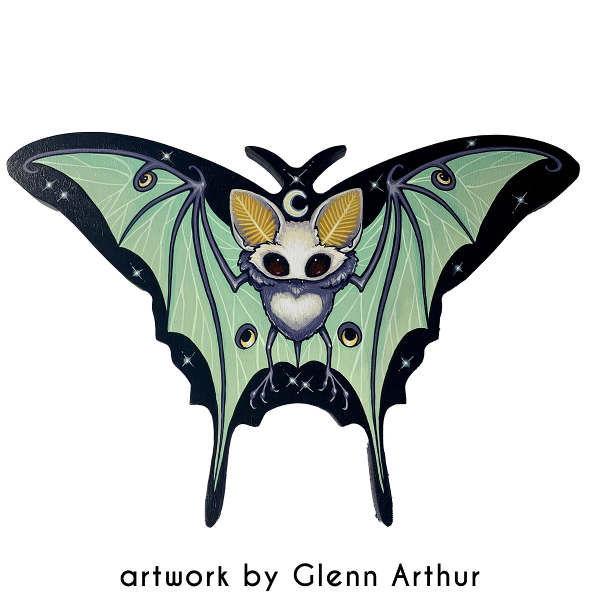 Green-winged batlike creature with large ears on a black swallow-tailed moth panel, credited to Glenn Arthur.