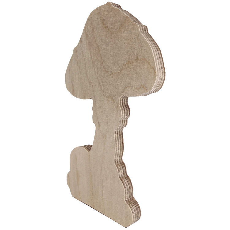 Game of Shrooms cluster panel, angled side view showing the wood thickness and mushroom outline.
