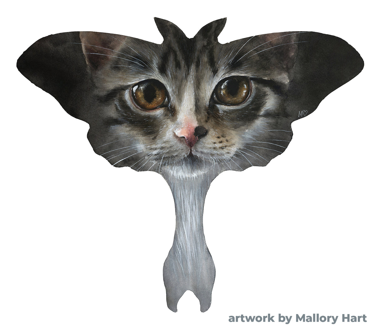 Tabby cat face painted on a dark moth-shaped panel, credited to Mallory Hart.