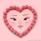 Pink heart panel painted with a freckled face and edged with textured pink flowers.