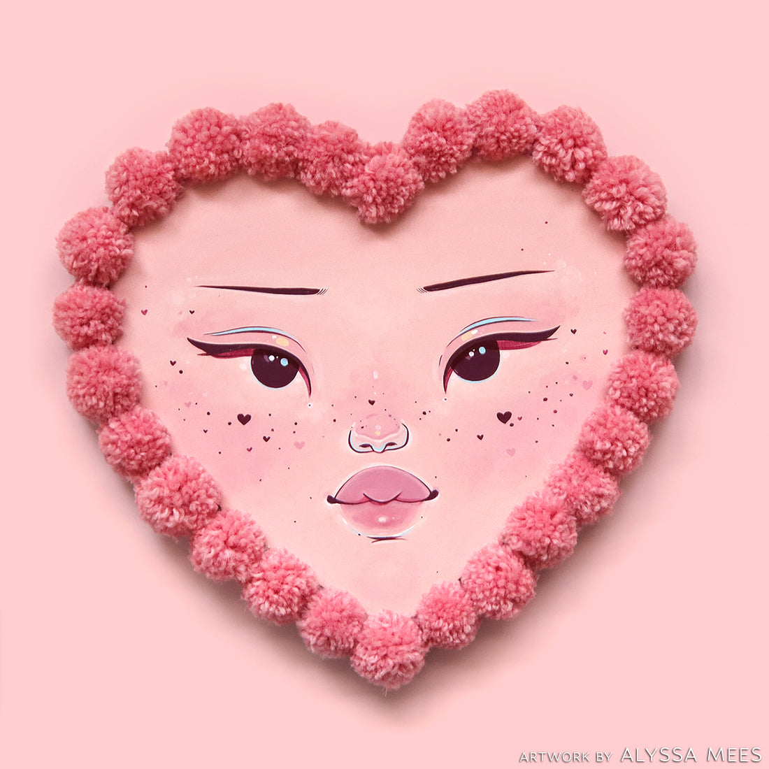 Pink heart panel painted with a freckled face and edged with textured pink flowers.