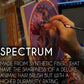 Spectrum brush graphic, hand painting a colorful portrait above text describing synthetic fibers and durability.