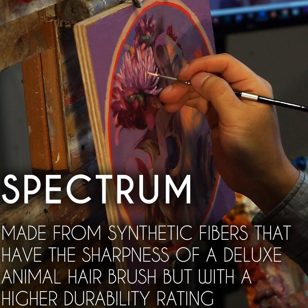 Spectrum brush graphic, hand painting a colorful portrait above text describing synthetic fibers and durability.