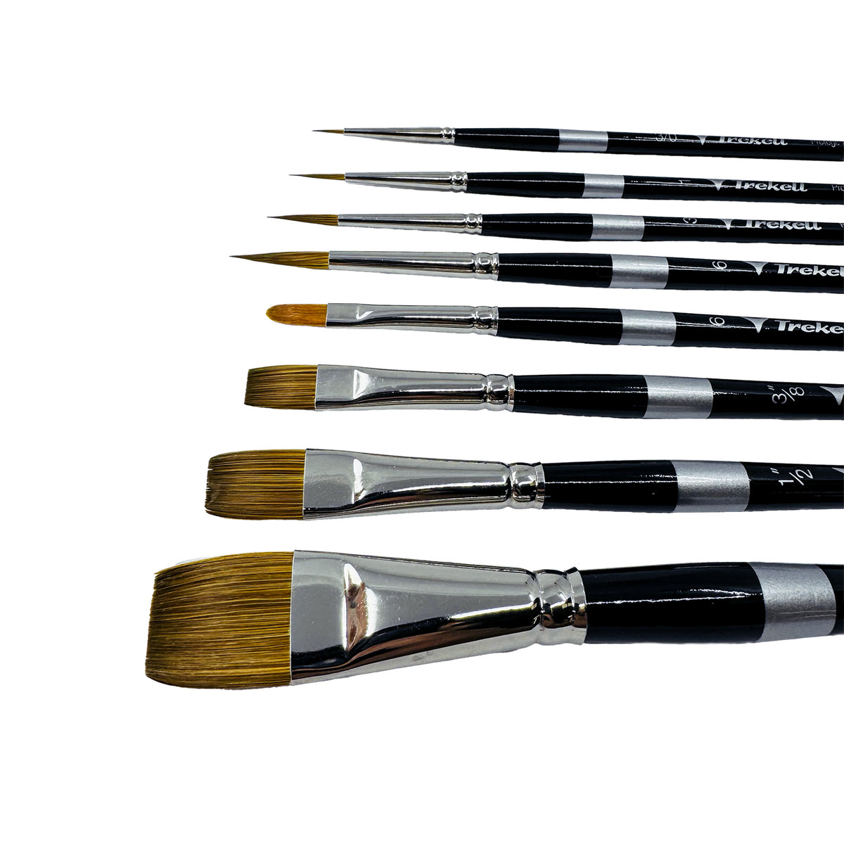 Stephanie Buscema brush set, eight black-handled brushes arranged from fine pointed tips to wide flat bristles.