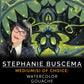 Stephanie Buscema portrait beside a green-and-black illustration; text lists watercolor and gouache as her media.