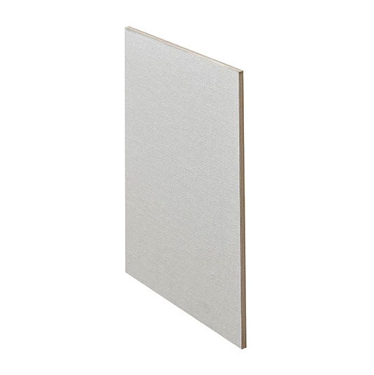 Trekell #113 Universal Primed Linen Panel, white rectangular panel at an angle, showing its thin natural wood edge.