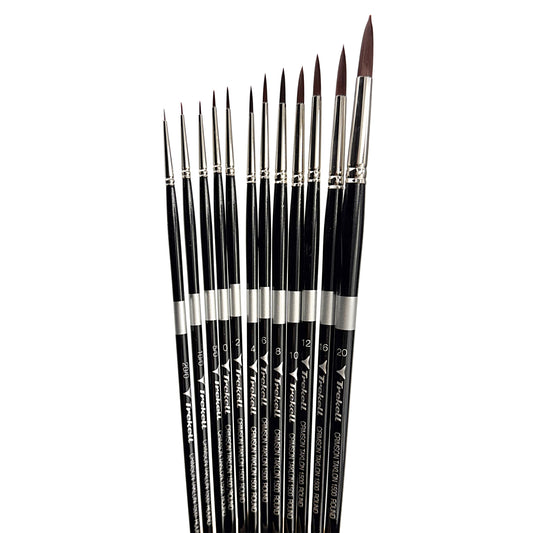 Trekell Crimson Taklon Complete Round Brush Set - Long Handle, showing a set of brushes with rounded, pointed bristles.