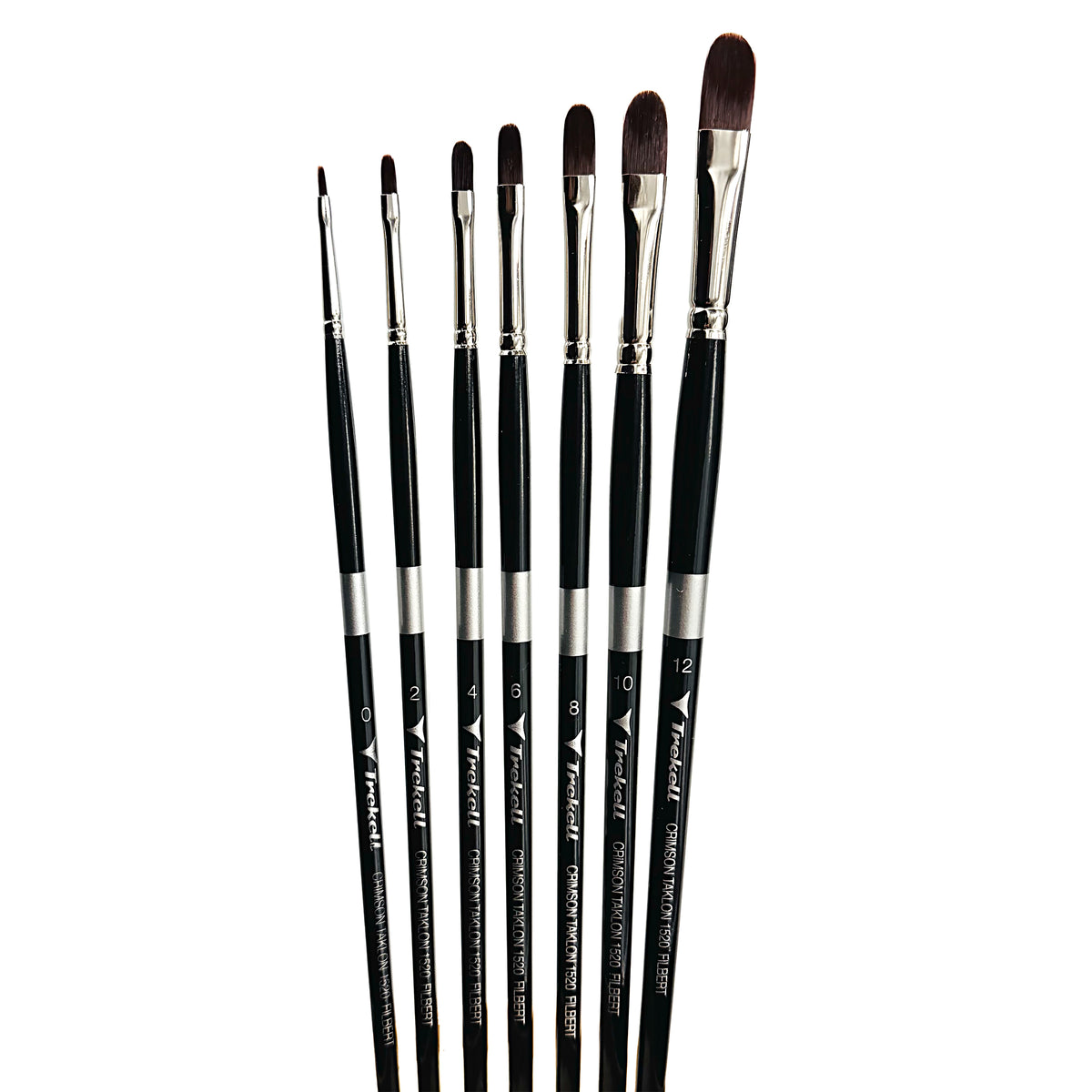 Trekell Crimson Taklon Complete Filbert Brush Set - Long Handle, showing a set of brushes with flattened bristles and a rounded tip.