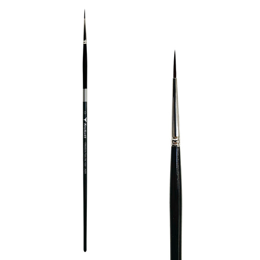 Trekell Crimson Taklon #0 Liner Brush - Long Handle, with long, narrow pointed bristles.