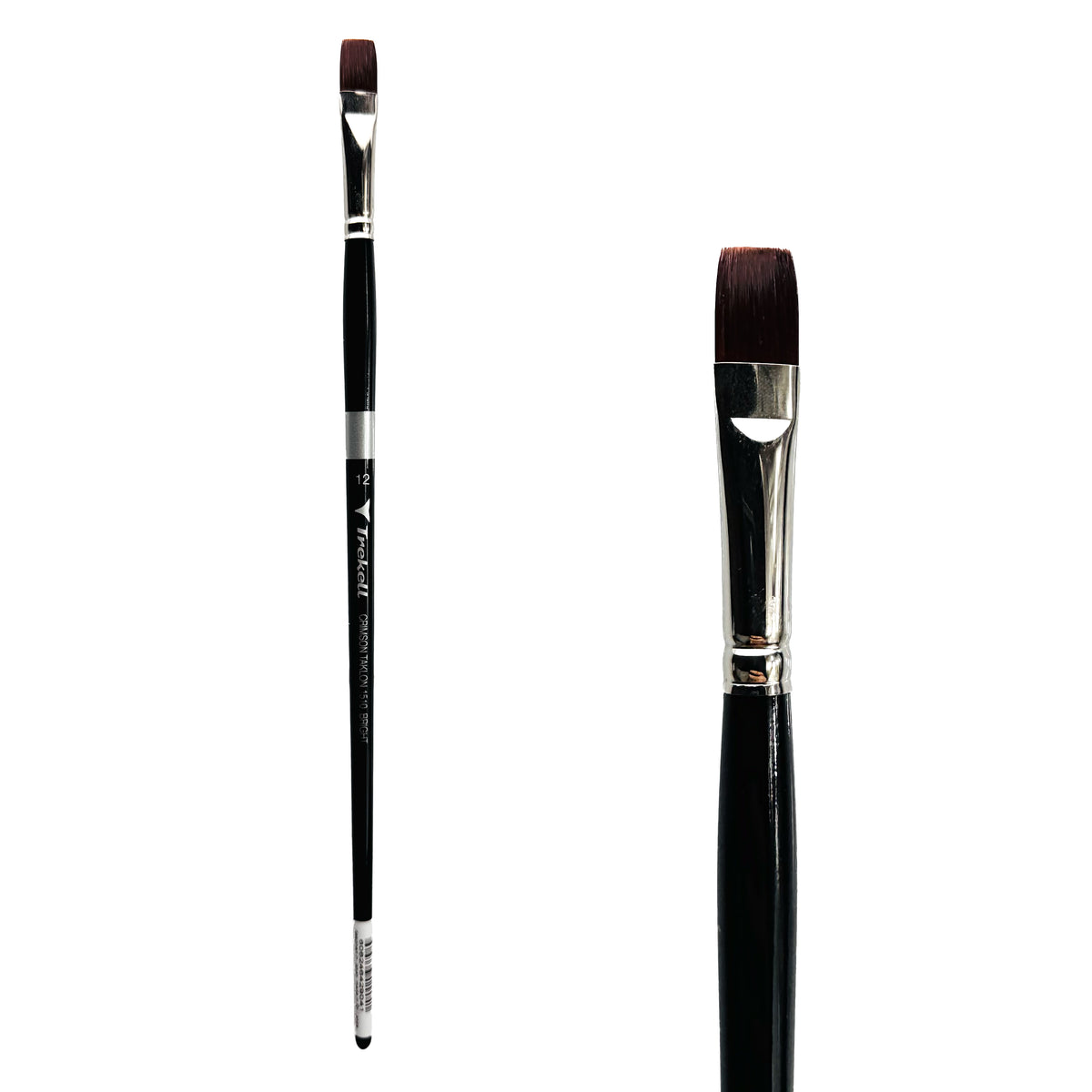 Trekell Crimson Taklon #12 Bright Brush - Long Handle, with short, straight-edged flat bristles.