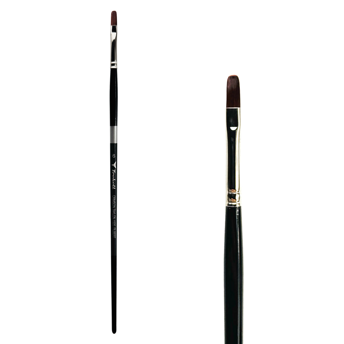 Trekell Crimson Taklon #6 Filbert Brush - Long Handle, with flattened bristles and a rounded tip.