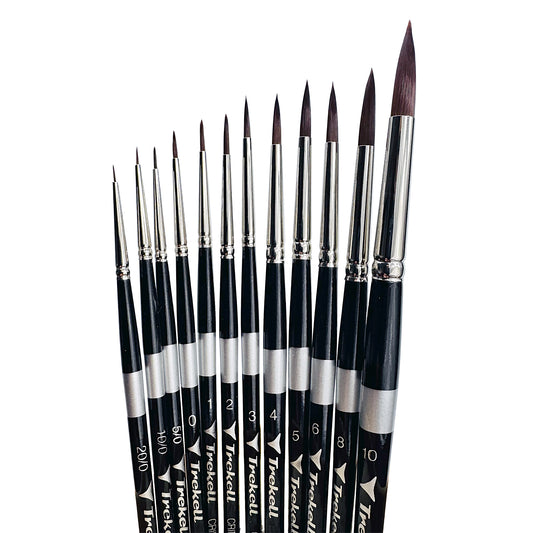 Trekell Crimson Taklon Complete Round Brush Set - Short Handle, showing a set of brushes with rounded, pointed bristles.
