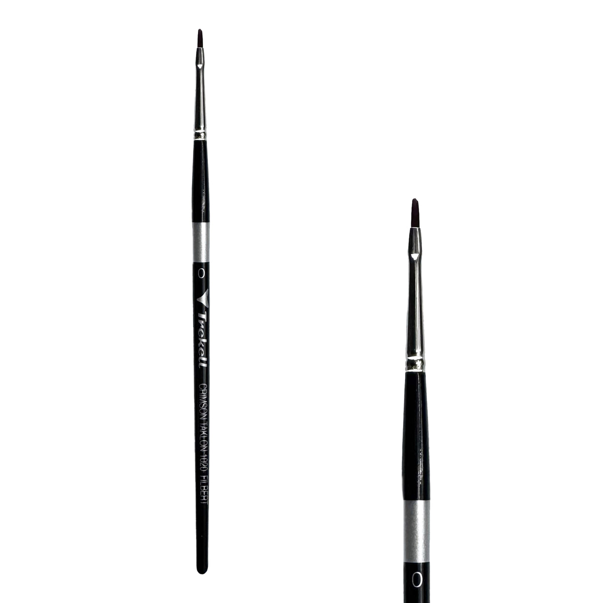 Trekell Crimson Taklon #0 Filbert Brush - Short Handle, with flattened bristles and a rounded tip.