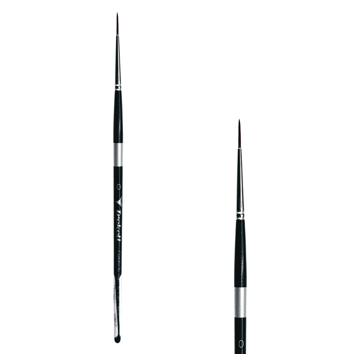 Trekell Crimson Taklon #0 Liner Brush - Short Handle, with long, narrow pointed bristles.