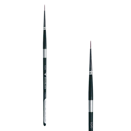 Trekell Crimson Taklon #10/0 Liner Brush - Short Handle, with long, narrow pointed bristles.