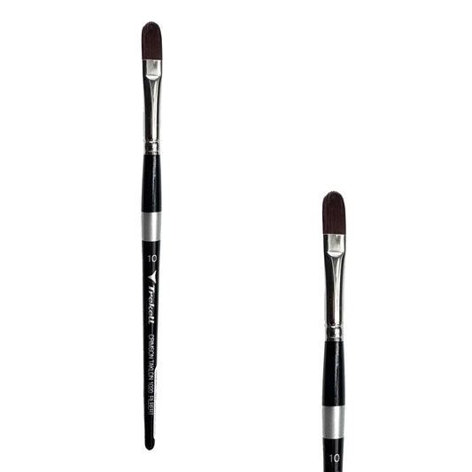 Trekell Crimson Taklon #10 Filbert Brush - Short Handle, with flattened bristles and a rounded tip.