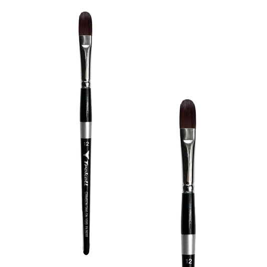 Trekell Crimson Taklon #12 Filbert Brush - Short Handle, with flattened bristles and a rounded tip.