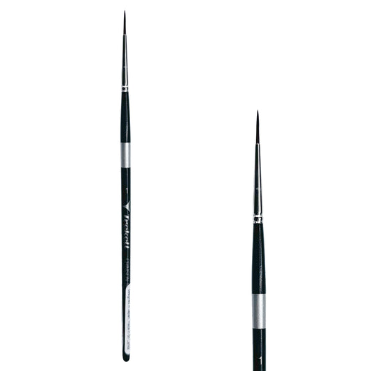 Trekell Crimson Taklon #1 Liner Brush - Short Handle, with long, narrow pointed bristles.