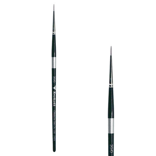 Trekell Crimson Taklon #20/0 Liner Brush - Short Handle, with long, narrow pointed bristles.