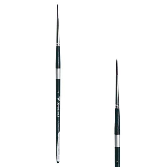 Trekell Crimson Taklon #4 Liner Brush - Short Handle, with long, narrow pointed bristles.