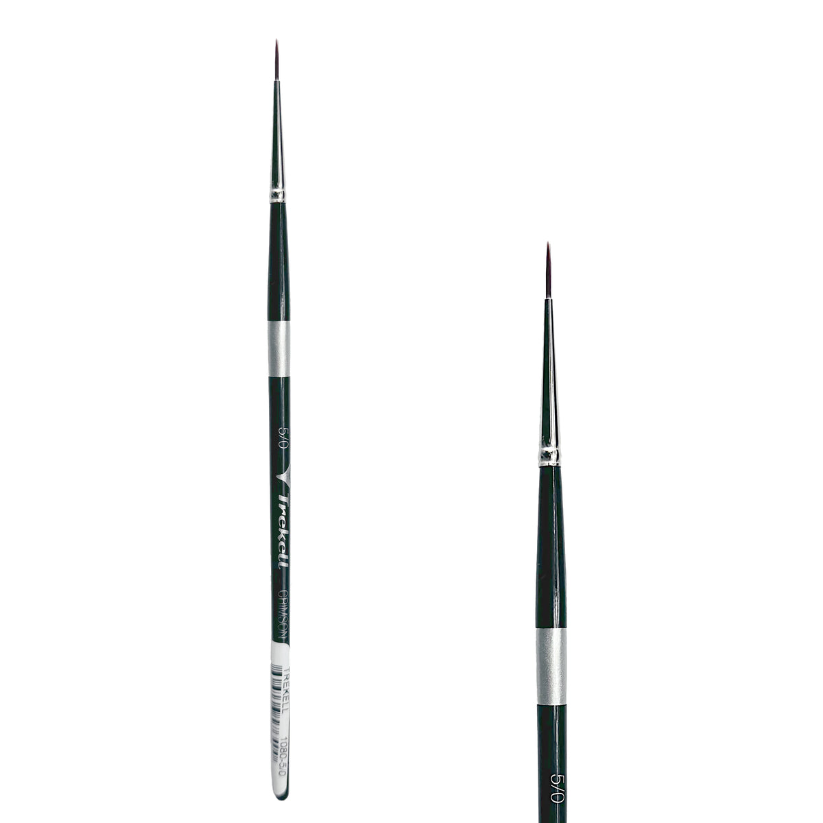 Trekell Crimson Taklon #5/0 Liner Brush - Short Handle, with long, narrow pointed bristles.