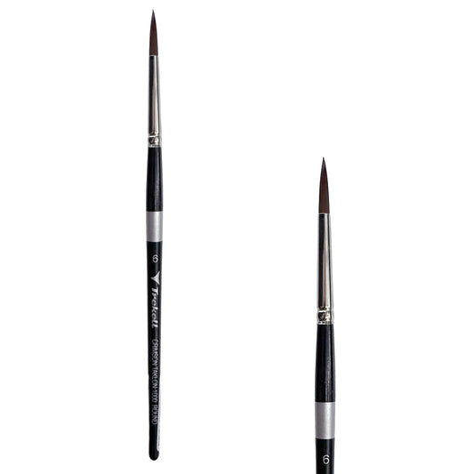 Trekell Crimson Taklon #6 Round Brush - Short Handle, with rounded, pointed bristles.