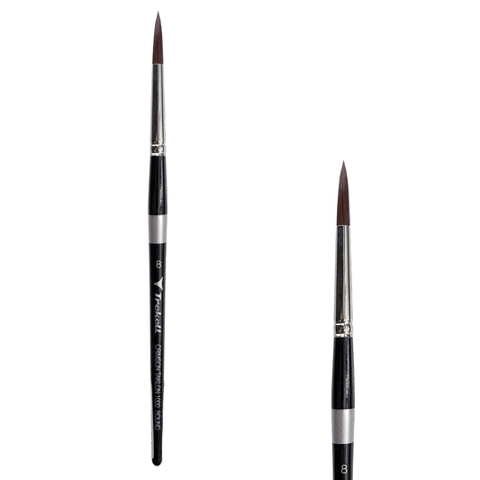 Trekell Crimson Taklon #8 Round Brush - Short Handle, with rounded, pointed bristles.